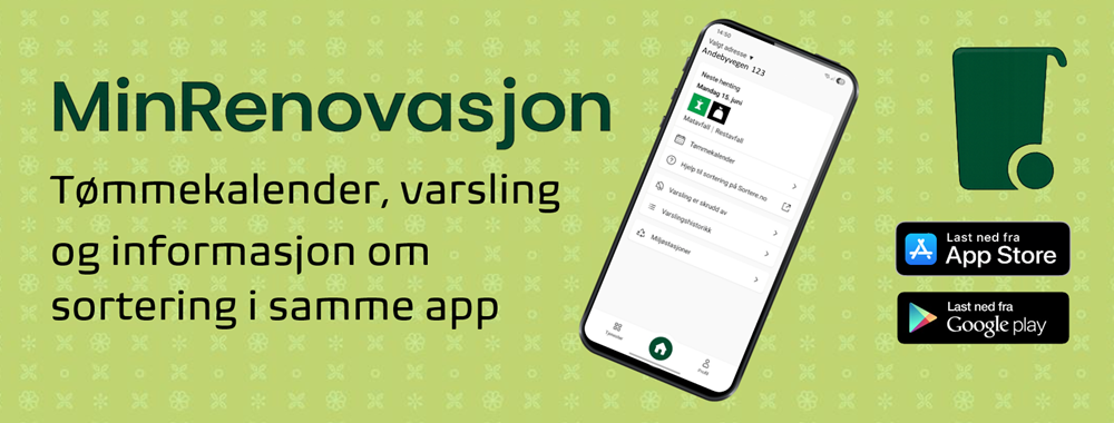 Dekorativt bilde som viser en mobiltelefon samt logoer for App Store, Google Play og navnet "MinRenovasjon" - Klikk for stort bilde