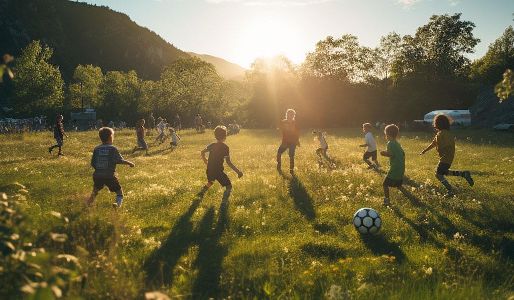 Barn og voksne spiller fotball ute i naturen - Klikk for stort bilde