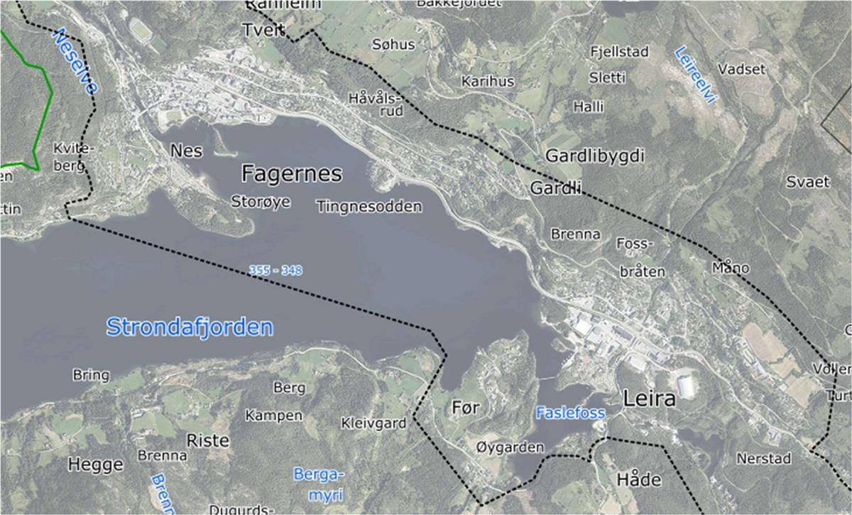 Kartutsnitt som viser området Fagernes - Leira - Klikk for stort bilde
